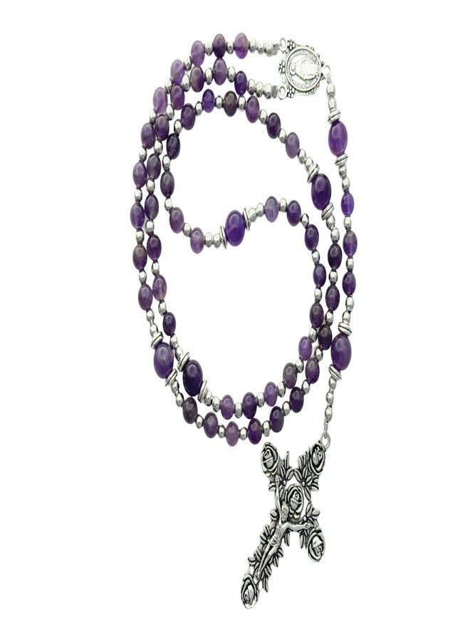 Intercession Amethyst Rose Catholic Rosary - Handcrafted Healing Purple Gemstone Prayer Beads with Silver Crucifix - Image 1